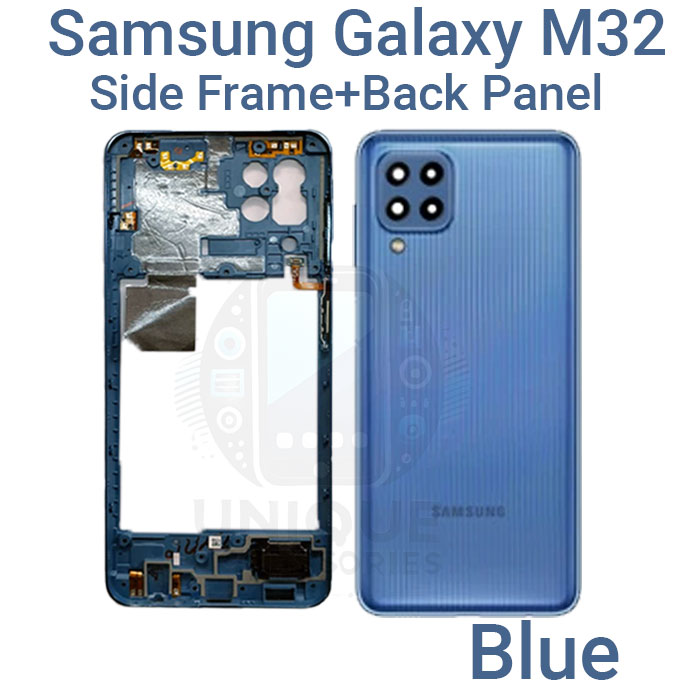 For Samsung Galaxy M32 Side Frame + Back Panel Housing + Camera Glass Back shell Replacement Spare Parts. 