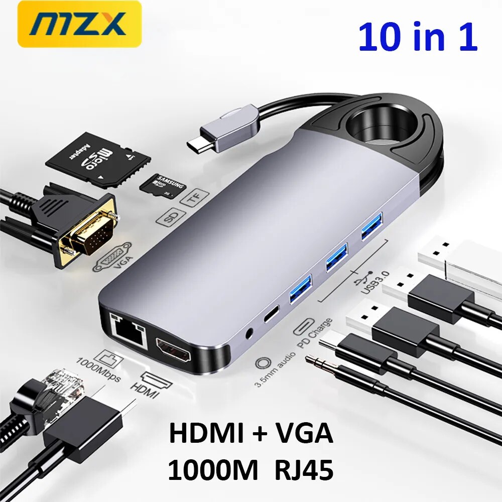 MZX 10 in 1 Docking Station 1000M RJ45 USB Hub Tipo C Type A Extension Dock To HDMI VGA Ethernet for Macbook Laptop Notebook PC