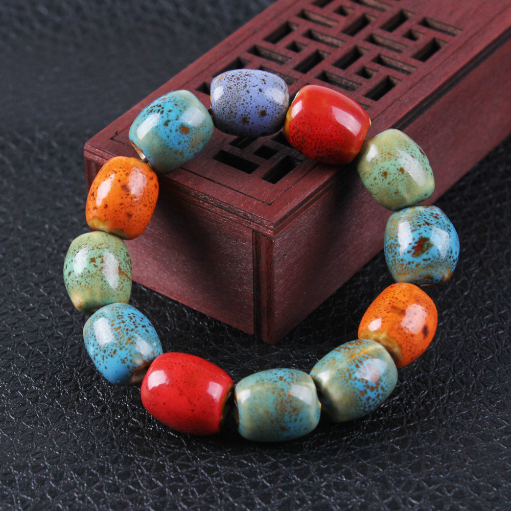 Ethnic style porcelain jewelry colorful handmade porcelain beads elastic bracelet retro fashion simple bracelet factory direct sales. 