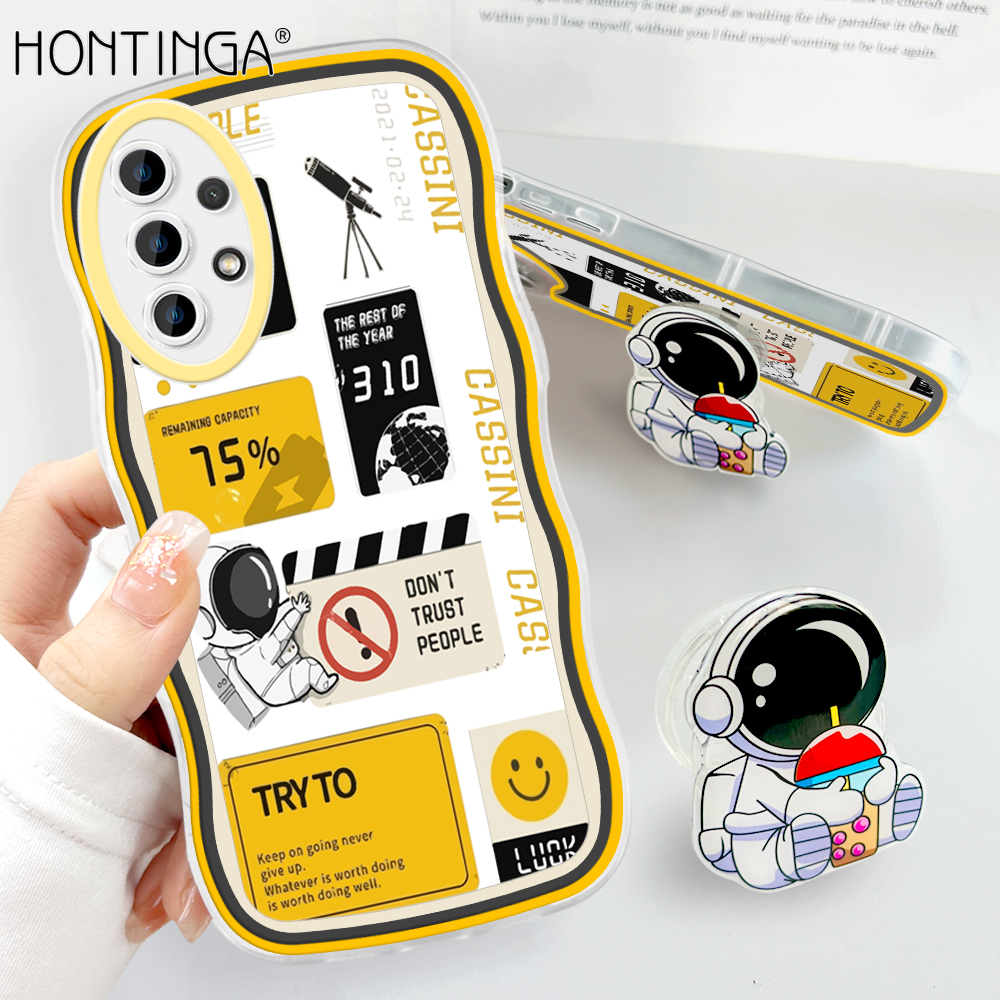 Hontinga for Samsung Galaxy A23 Back Cover + Free Holder Fashion Soft Wavy Phone Case Camera Protection Transparent TPU Cover