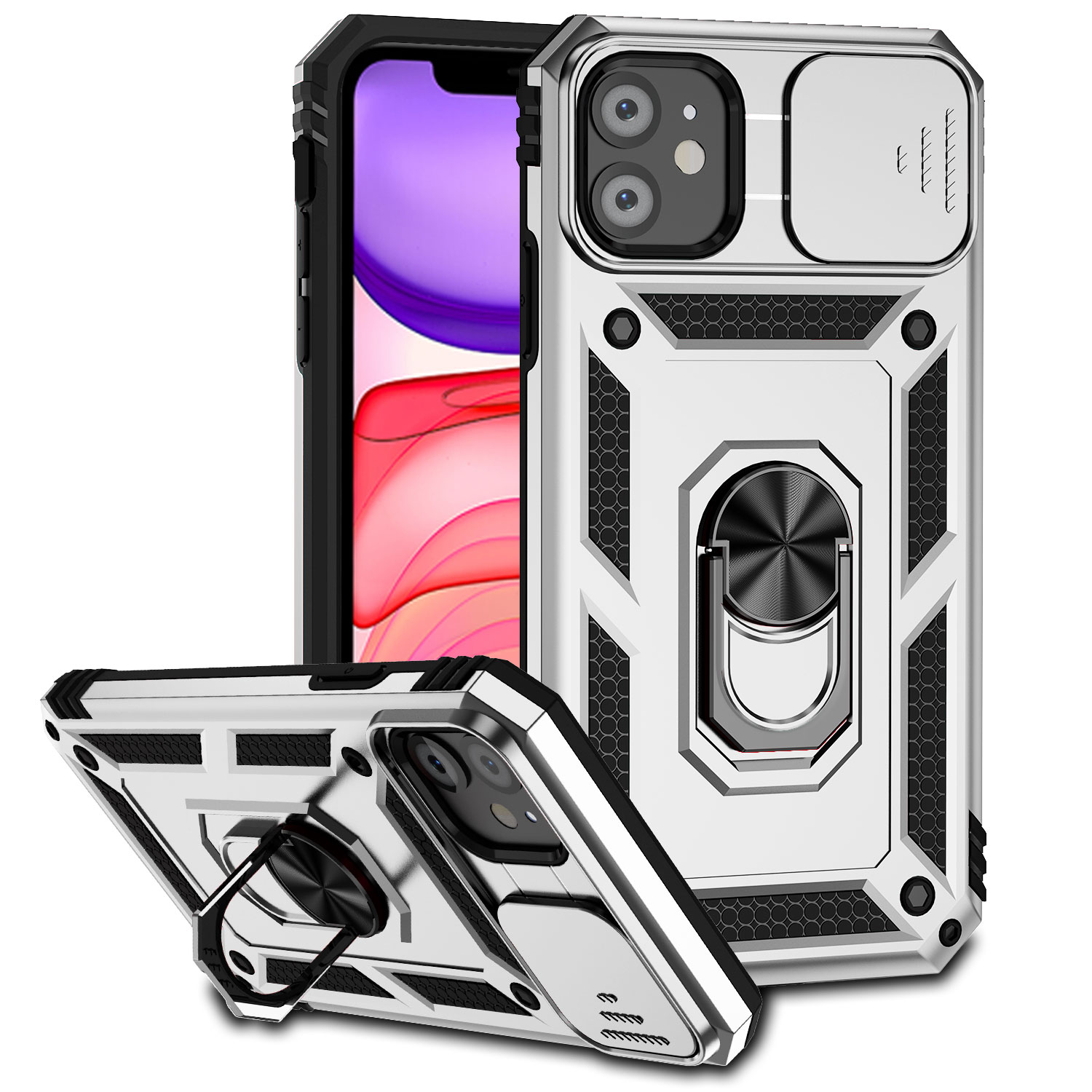 For iPhone 12 Mini Case with Slide Camera Cover, 360° Ring Holder Metal Kickstand, work for Phone Holder Car Mount, Drop Peep Protection