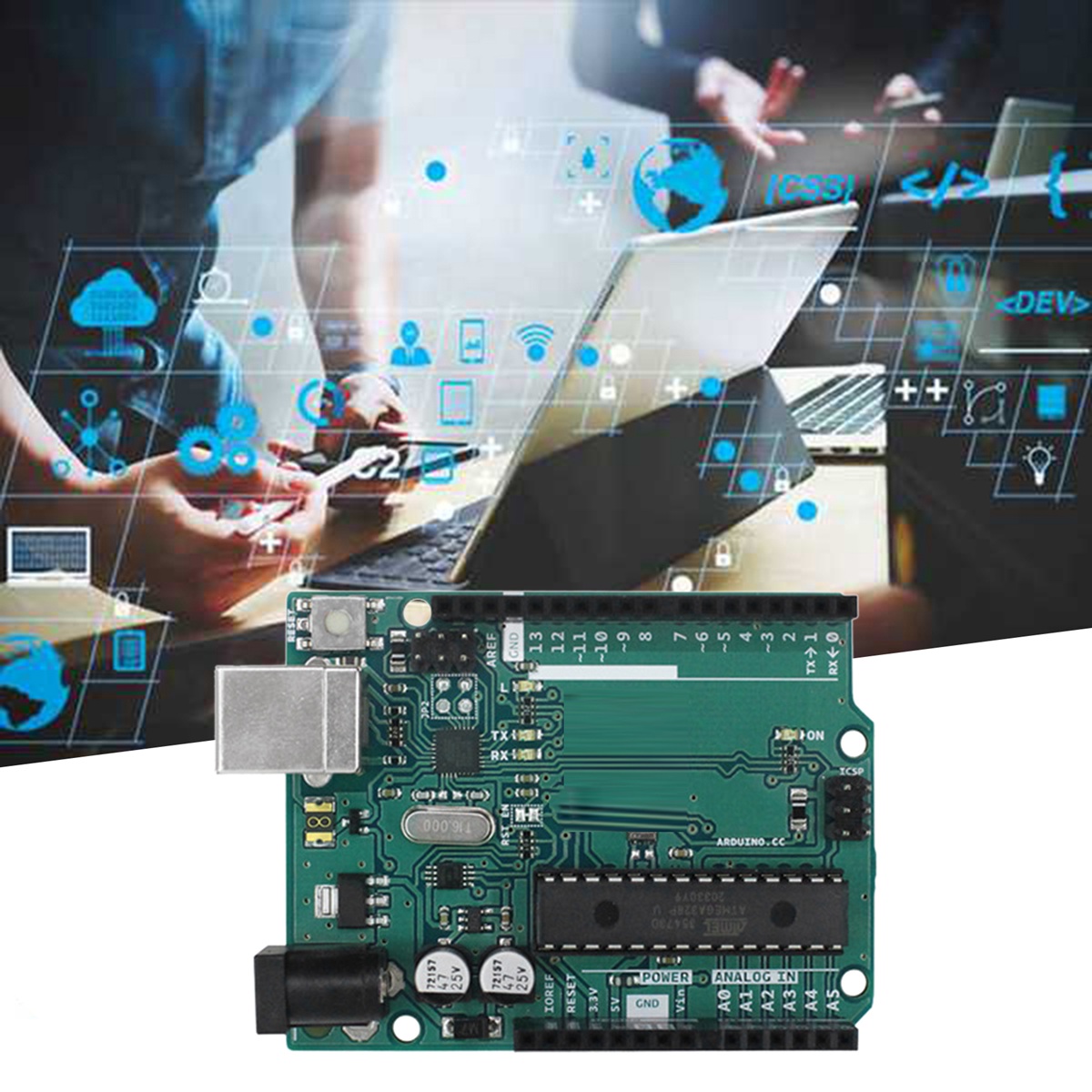 For Arduino UNO R3 Atmega328P 32KB 7-9V Arduino MCU C Language Programming Learning Development Board Green +Metal with Data Cable. 