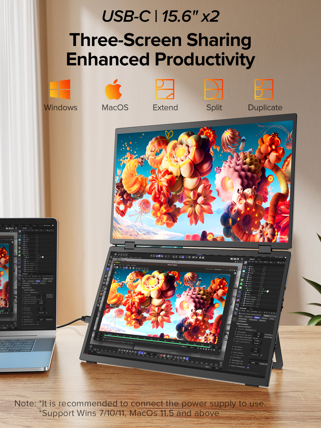 UPERFECT UStation Δ / Delta Portable Monitor for Laptop 15.6 1080P Extender Dual Screen with Stand VESA 360° Folding Stacked. 