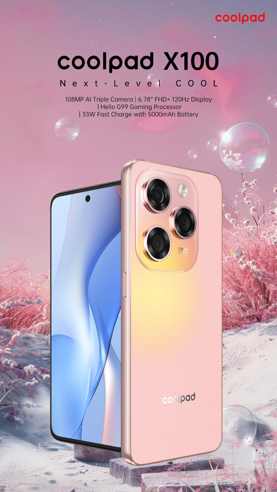 Coolpad X100 Smartphone (Pink) – 6.78” FHD+ 120Hz Display, 16GB RAM (8+8), 256GB ROM, Helio G99, 108MP Triple Camera, 5000mAh Battery , With Free Premium Quality Jacket