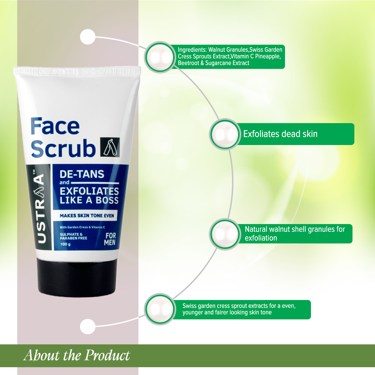 Ustraa Face Scrub De Tan Face scrub for men Exfoliation and tan removal with Bigger Walnut Granules No Sulphate No Paraben 100g. 