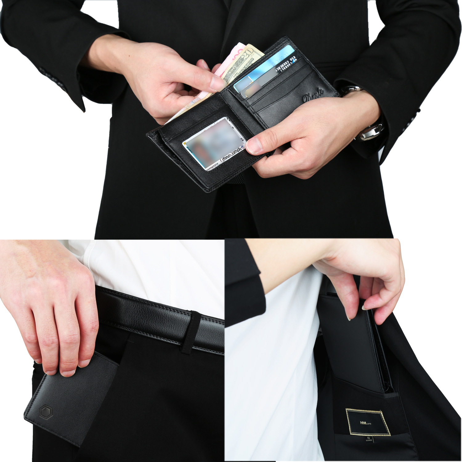 RFID Blocking Cowhide Leather Bifold Wallet For Men With 2 ID Windows Black. 
