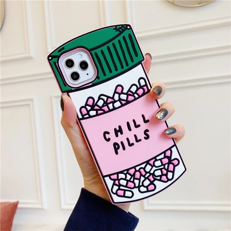 3D Full Silicone Pink Chill Pills TPU Phone Case For iPhone 8 7 6 Plus SE2 X XR XS 11 12 13 mini Pro Max Cases Soft Rubber Cover. 