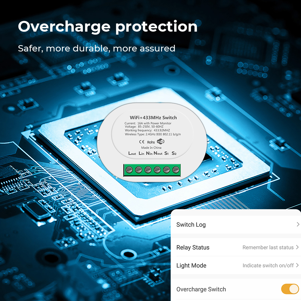 【Fashion】Tuya smart wireless switch-with monitor-16A mini 2 way timer breaker-work for Google Home Alexa. 