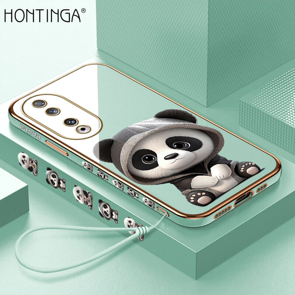 Hontinga for Honor 90 5G Back Cover With Free Strap Luxury 6D Plating Cute Panda Side Pattern Case Soft Silicone Square Mobile Cover