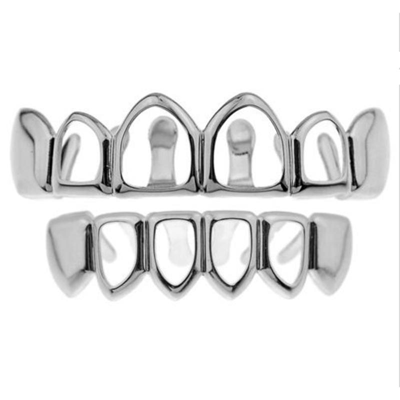 Fit Rock Style Gold Plated Open Face Teeth Grillz Caps Top & Bottom Grill Set. 