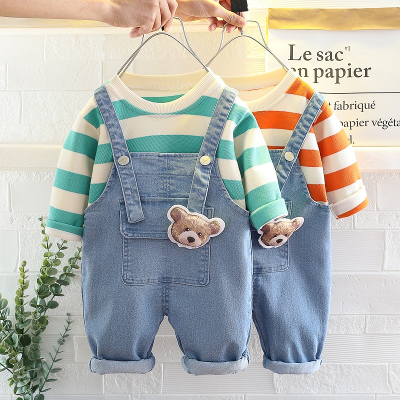 2023 Spring Autumn Children Boy 2PCS Clothing Set Stripe Cotton Sweatshirts Denim Overalls Baby Girl Clothes Kids Jumpsuit