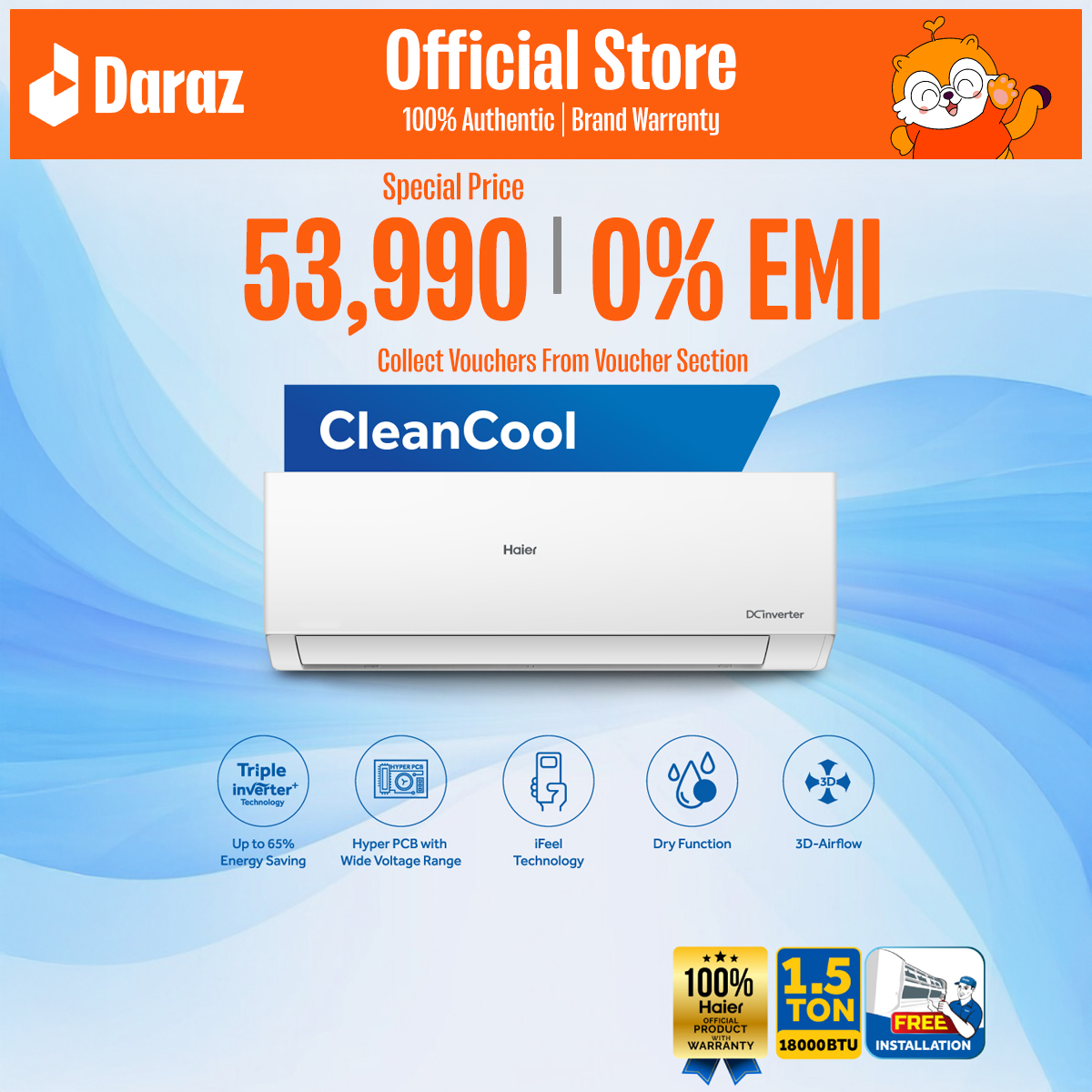 Haier 1.5 Ton CleanCool Inverter AC HSU-18CleanCool:(INV)(3DF)(QA)]