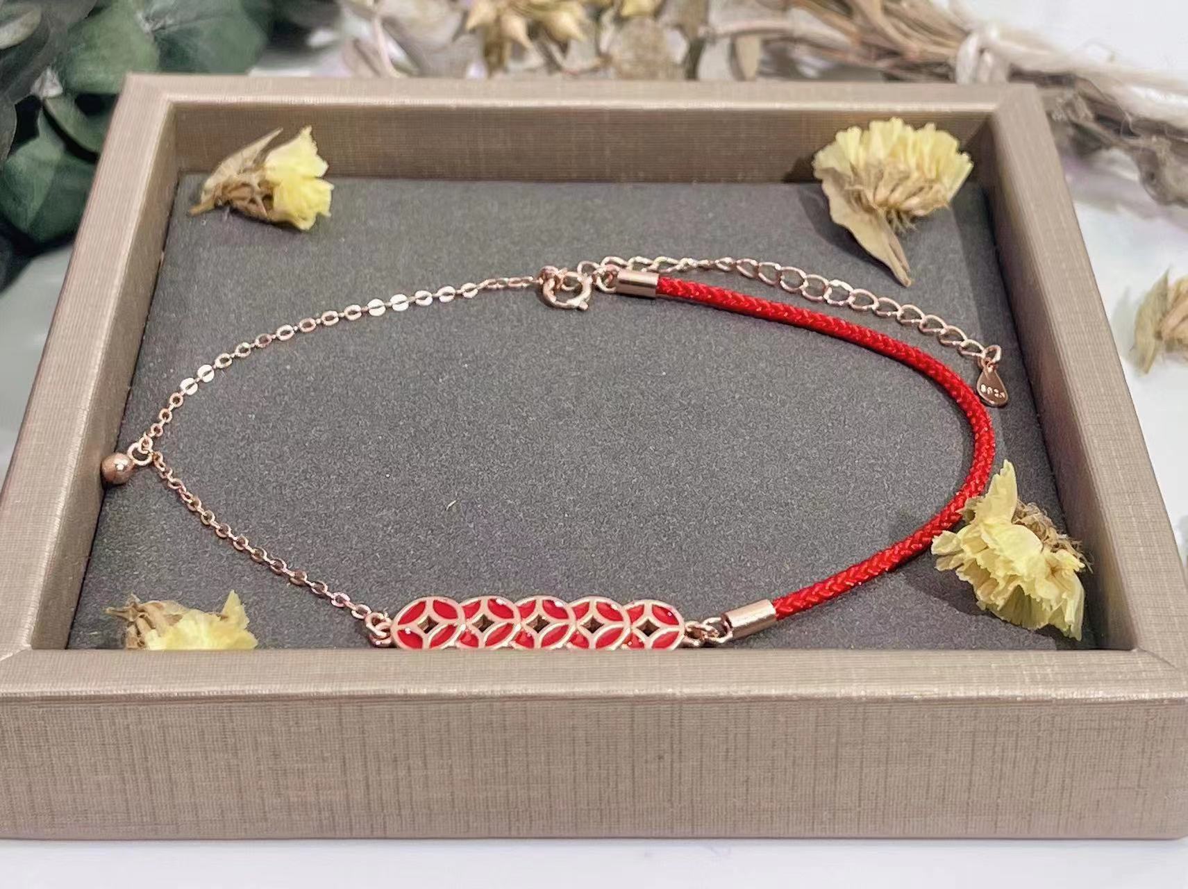 Follow the trend s925 silver anklet women's new fashion versatile red rope copper coin safe buckle every step of the way anklet foot jewelry
