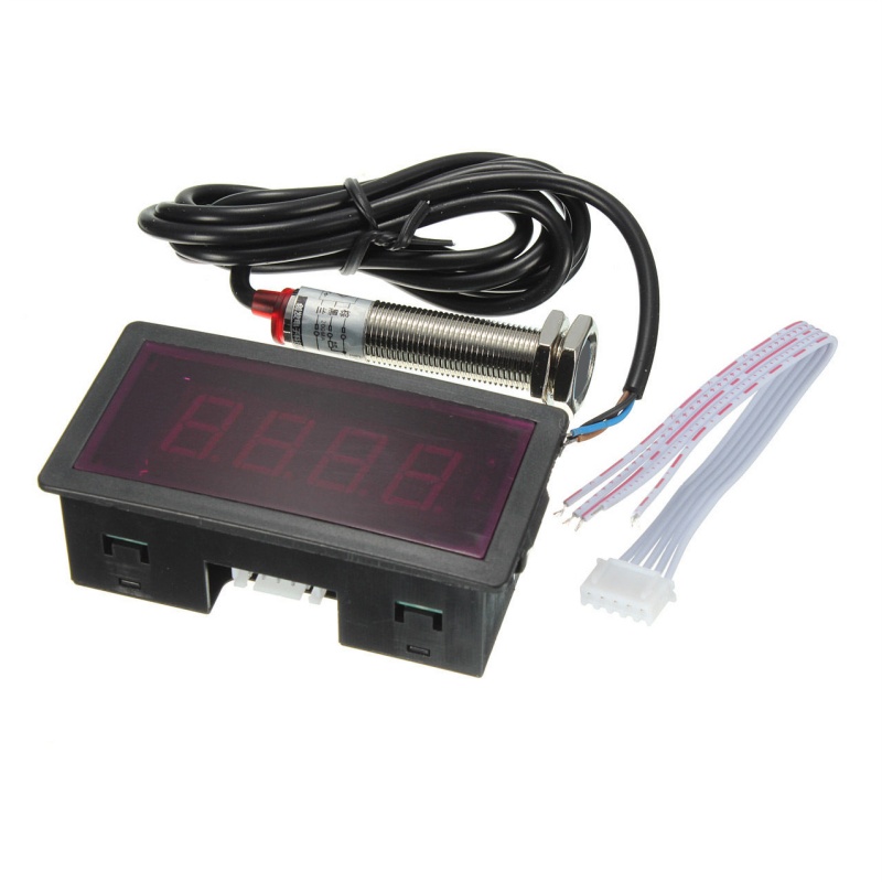 LED 4 Digital Tachometer RPM Speed Meter Red + NPN Hall Proximity Switch Sensor. 