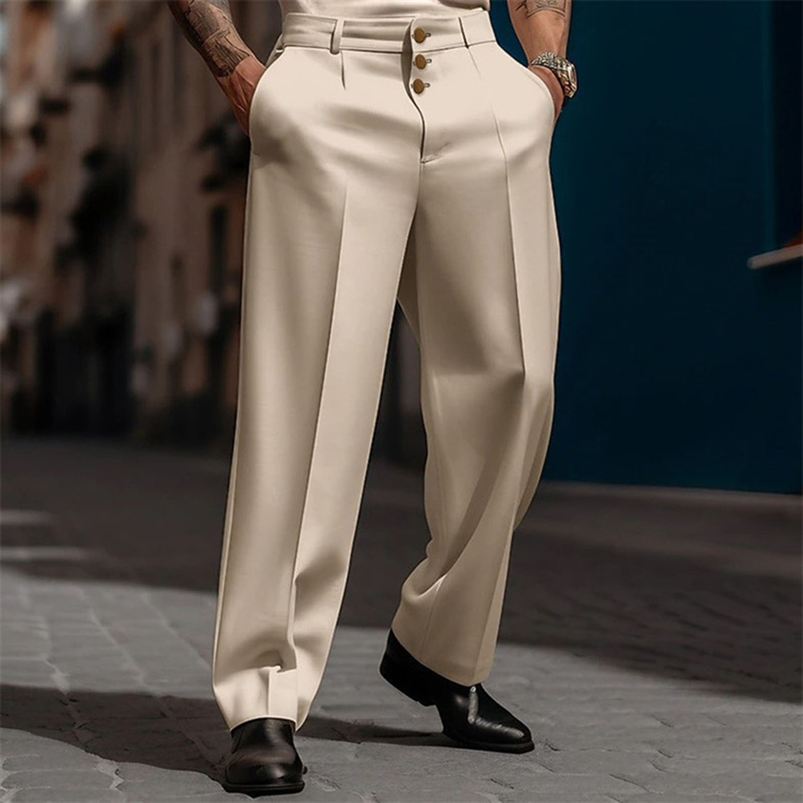 Quasar Solid Color Suit Pants Classic Men's Business Pants with Pockets Button Closure Formal Office Trousers for Style Men Suit Pants. 