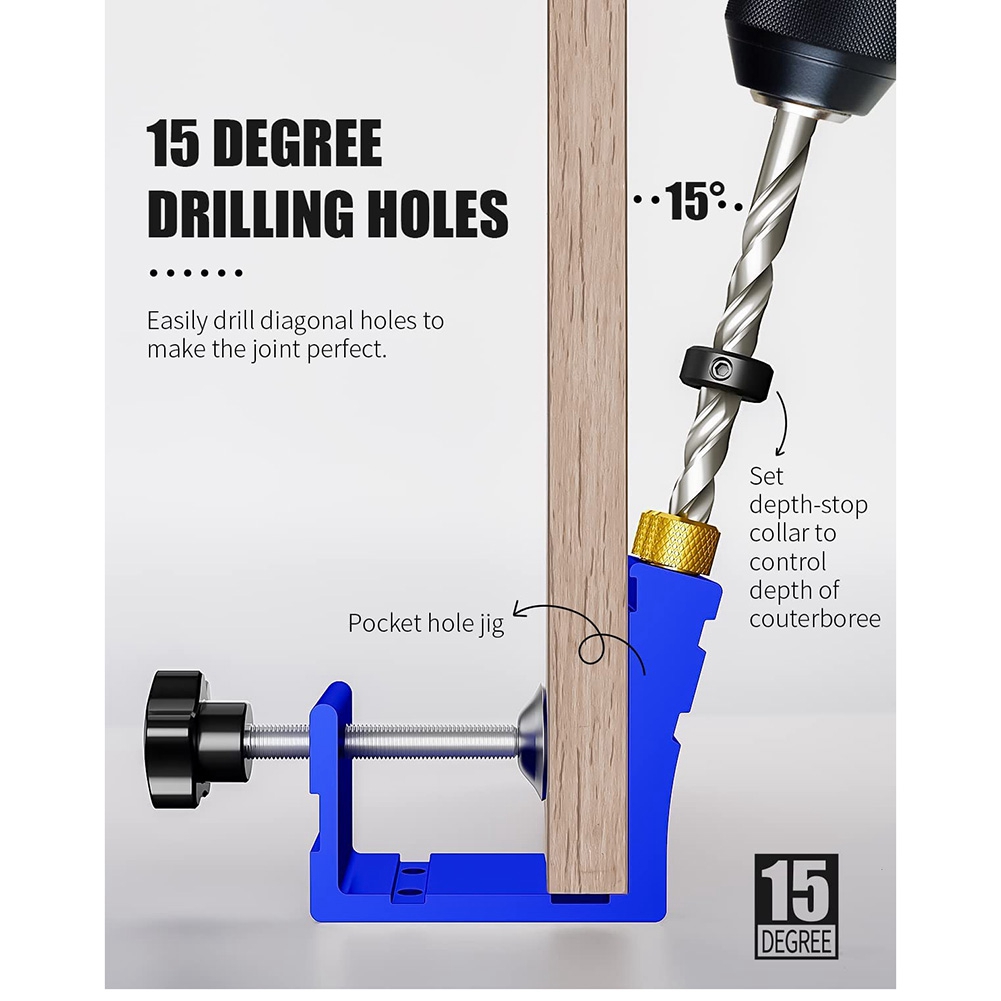 1 Set Pocket Hole Jig Kit for 15° Angled Holes, for Woodworking Angle Drilling Holes A. 