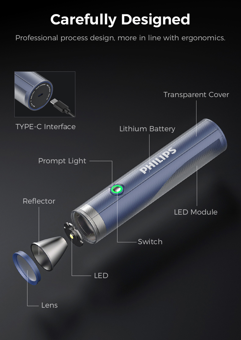 Philips Rechargeable Flashlight with Side Light, 4 Modes Portable Torch, LED Super Bright, Side Light as Desk Lamp, Camping Light, Reading Lamp. 