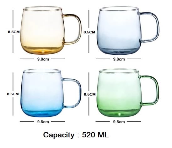 Pack of 6 Golden Borosilicate Glass Mugs - 520ml, Microwave Safe, Scratch Resistant, Lightweight, Round Shape, No Lid, Ideal for Tea, Coffee, Milk, Hot & Cold Drinks, GPB27HA-L6.. 