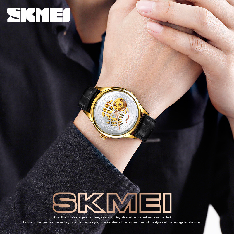 Timely beauty automatic fashion hollow men's mechanical watch SKmei business all-match leather high-end brand watch. 