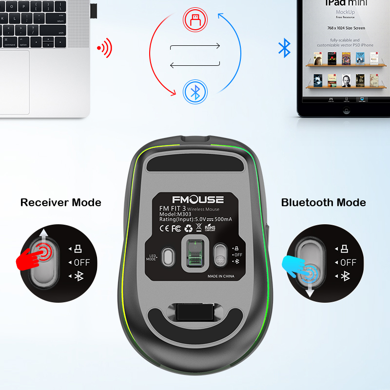 FMOUSE M303 Wireless Mouse Type-C Bluetooth 2.4G Rechargeable RGB Mouse with USB Receiver 4 Level DPI Adjustable Volume. 