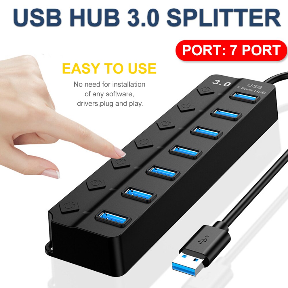 【VisioN Shop】Easy Use Computer Accessories USB Hub 3.0 5Gbps High Speed 7 Port For Laptop Adapter With Individual Switch. 