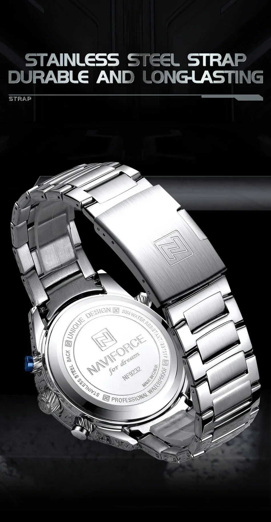 NAVIFORCE 9232 Men's Stainless Steel Military Unique Fashionable Quartz Luminous Dual Display LED Light Digital Alarm Clock For Men- Silver & Green. 