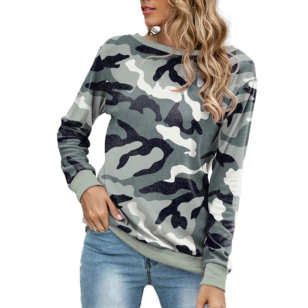 Women Long Sleeve Camouflage Crew Neck 