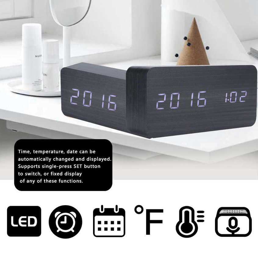 Rectangular Clock LED Wooden Alarm Electronic Voice Control Temperature Date Table Digital Clocks Black Wood White Lamp. 