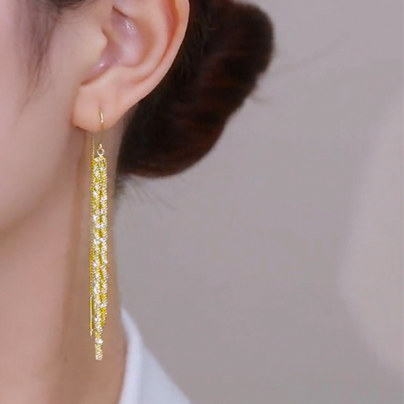 S925 silver needle sparkling earrings shining starry tassel long ear thread temperament simple and versatile ear ornament women