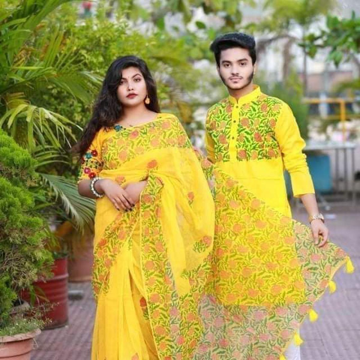 Stylish Matching Couple Dress - Saree & Panjabi Combo Set - Fashionable Ethnic Wear for All Occasions