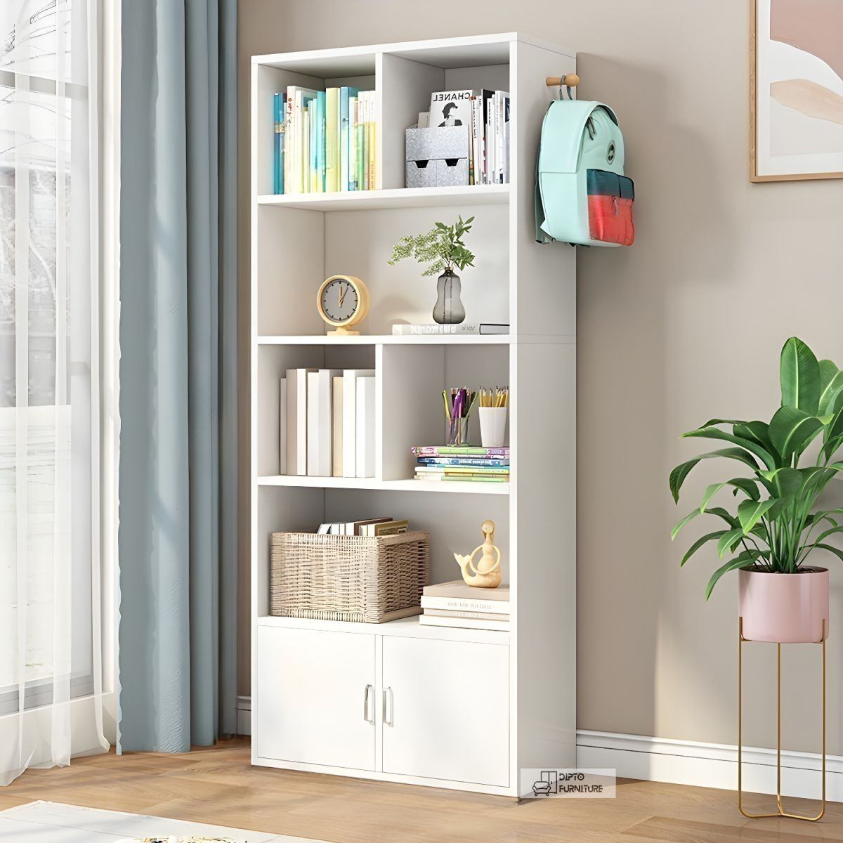 Modern Library Book Shelf Standing Display Shelve Rack Engineered Wood Bookcase Bookshelf Showpiece Rack with Storage Cabinet. 