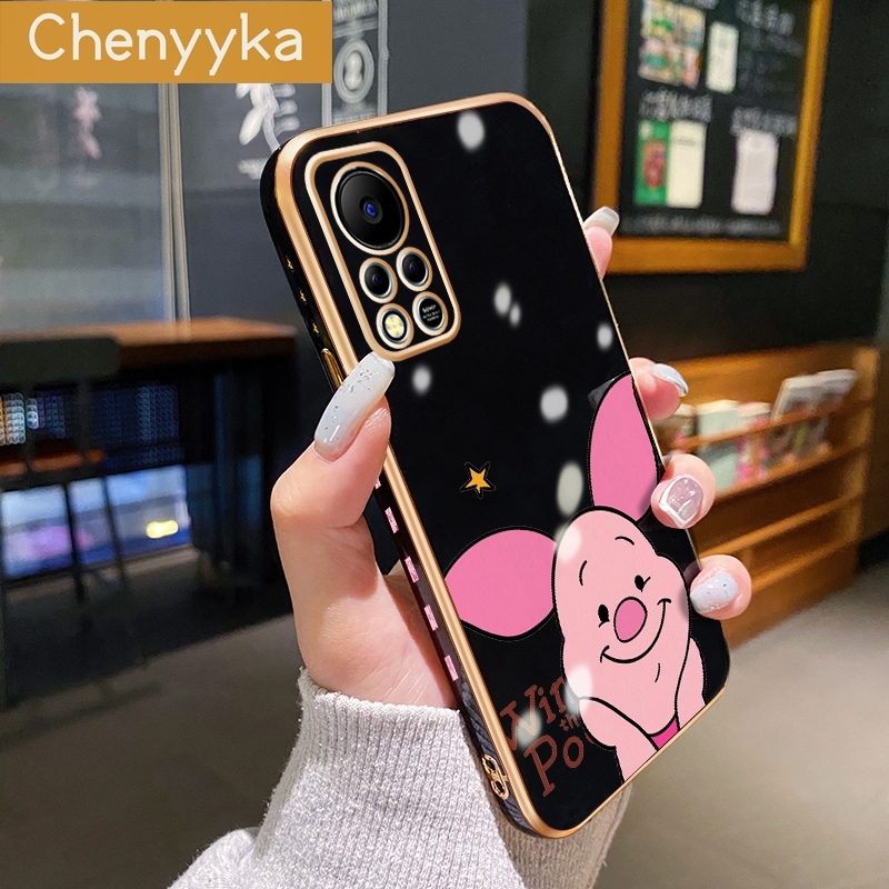Chenyyka For Infinix Hot 11S NFC Phone Case Cartoon Piglet New Design Plating Phone Cases Square Edge Pattern Silicone Casing Full Back Cover Camera Shockproof Protection Softcase. 