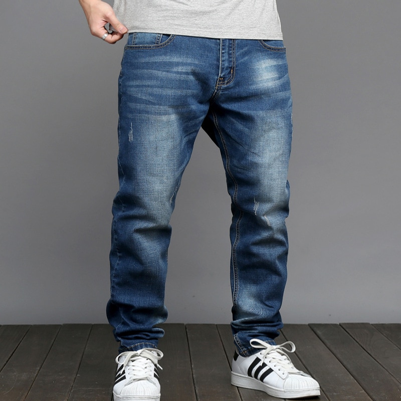 2020 Jeans Men's Elastic Straight Large Size 48 Men's Simple Style Black Blue Stretch Denim Pants Big Men Plus Size 5XL 6XL 7XL. 