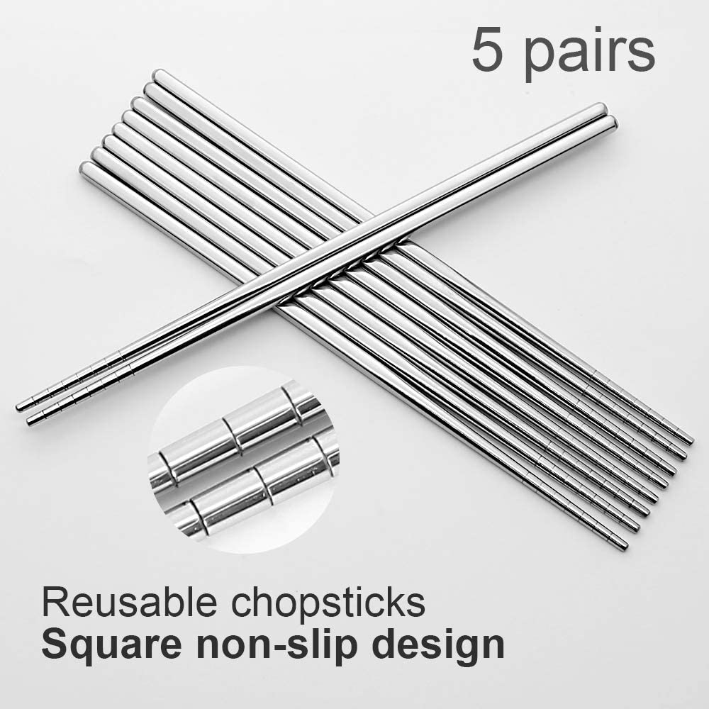 Stainless Steel Chopsticks - 5 Pairs Reusable Metal Utensils (Silver Crack Pattern)