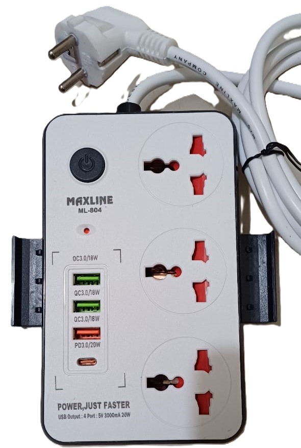 Multiplug ML-804 3 SOCKET 20W USB C PD 3-PORT QC 3.0- 3 Ways Power Socket and 4 USB Port For a Better Performance. 