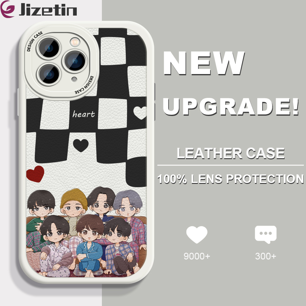 Jizetin for iPhone 11 Pro Max Back Cover BTS Group Lambskin Texture PU Leather Back For Girls Boys Soft Phone Case