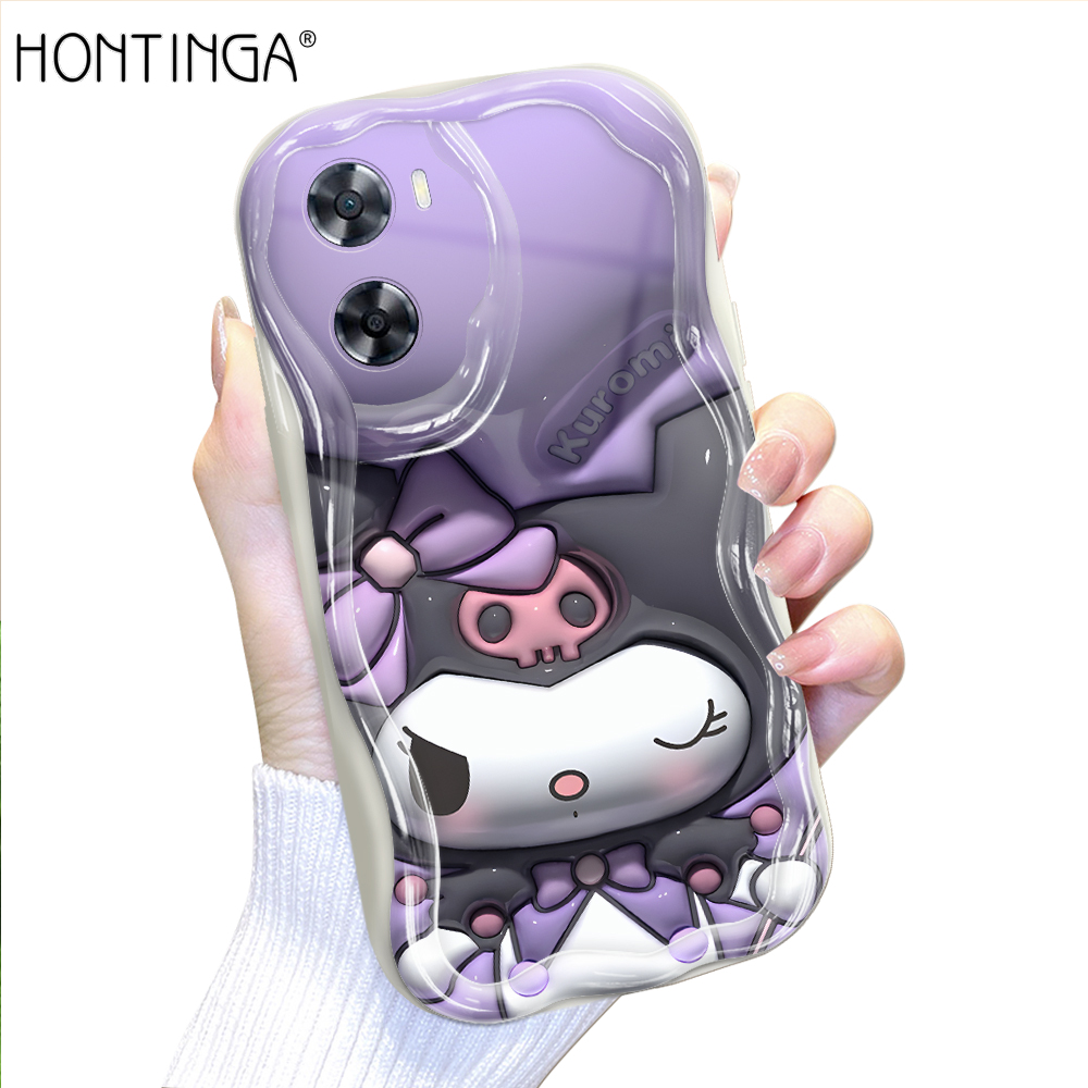 Hontinga for OPPO A57 2022 A77S Back Cover 3D Kuromi Melody Print Cream Texture Phone Case Wavy Edge Soft Silicone Cover