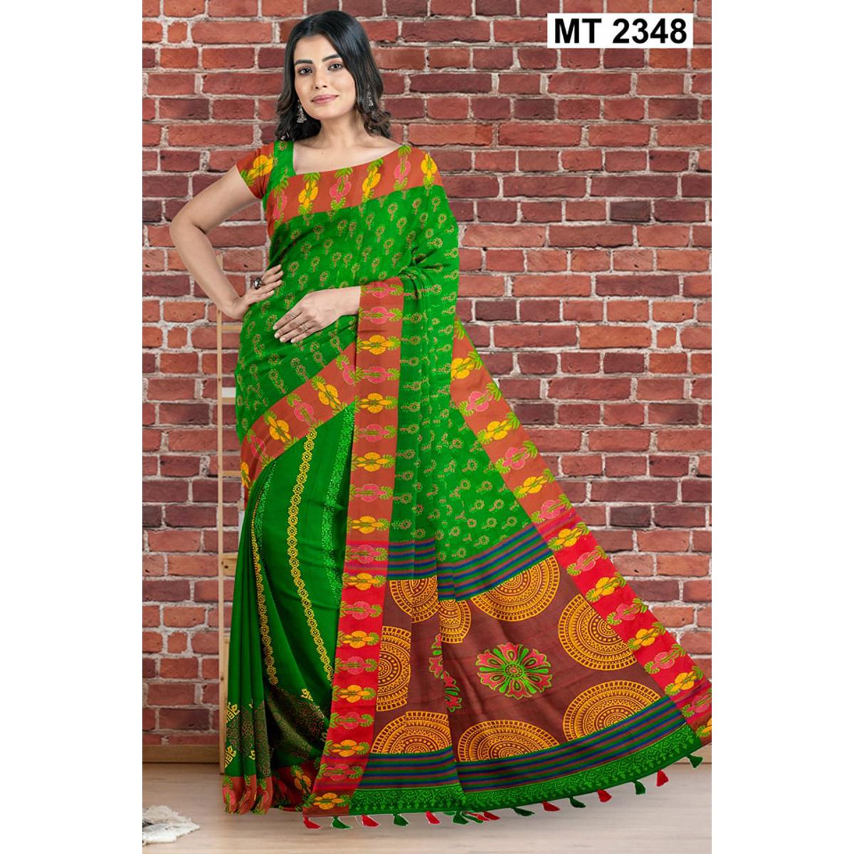 Traditional Half silk Block printed sari with running blouse pcs.