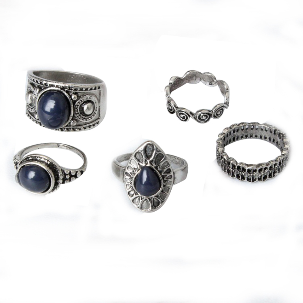 5Pcs/Set Bohemian Vintage Blue Stone Alloy Finger Ring Women Charming Jewelry