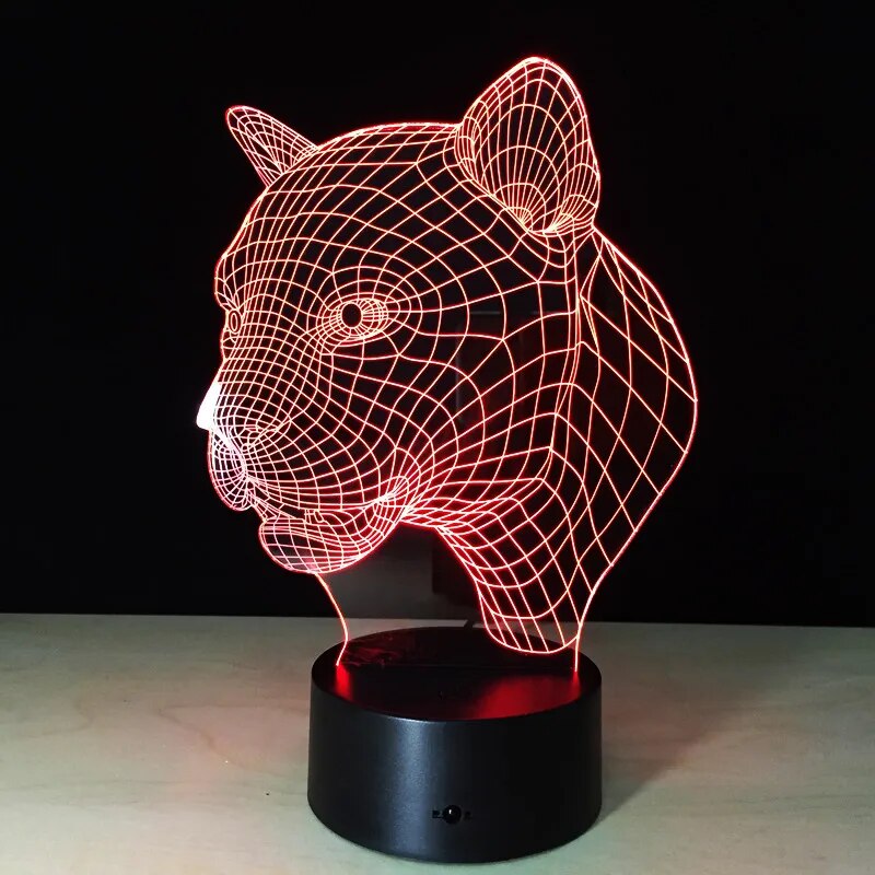 【Hey my home】Leopard Tiger Head 3D LED Night Action Figure 7 Colors Decoration Light Optical Illusion Model. 