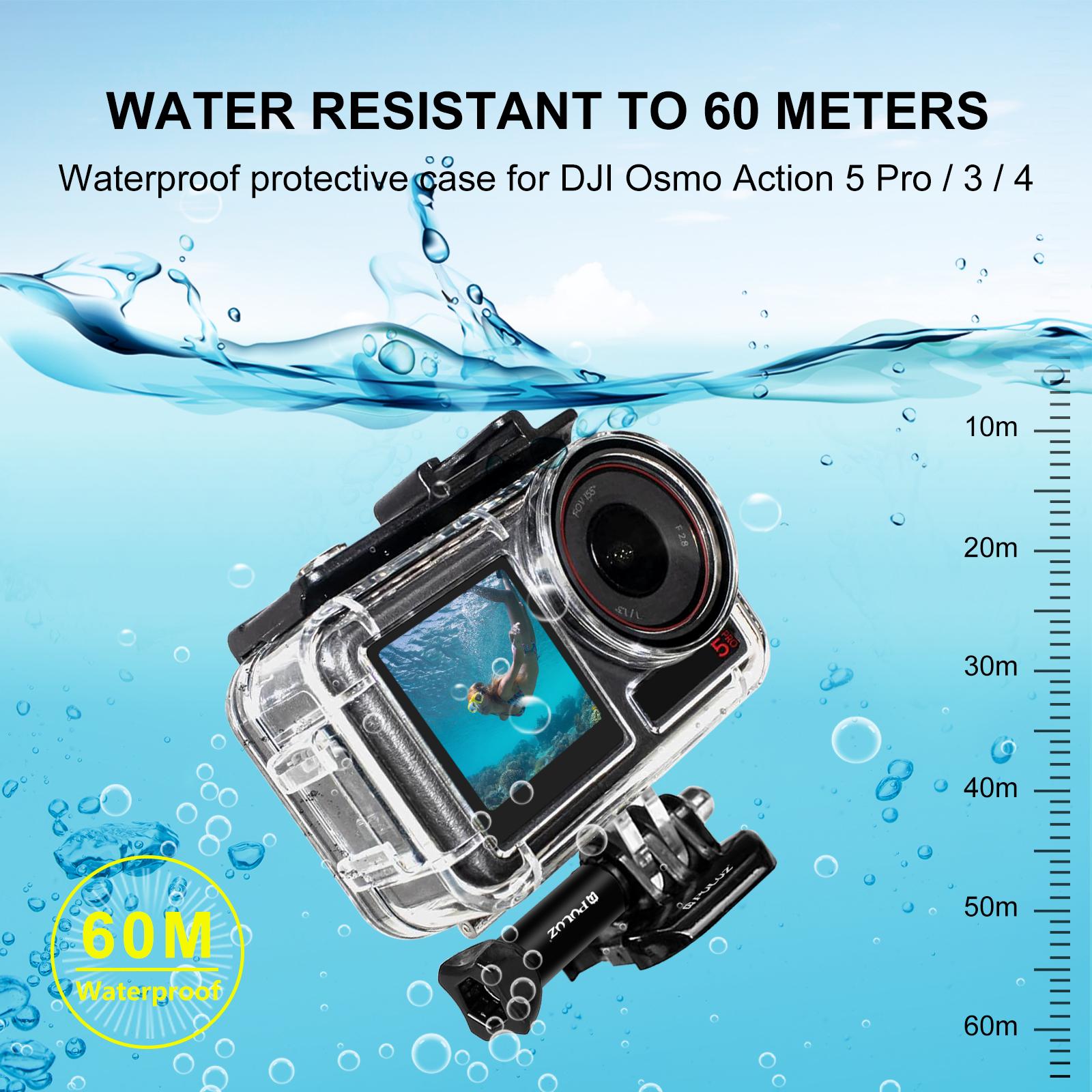 NEW- For DJI Osmo Action 5 Pro / 3 / 4 PULUZ 60m Underwater Waterproof Housing Diving Case with Cold Shoe & Buckle Basic Mount & Screw. 