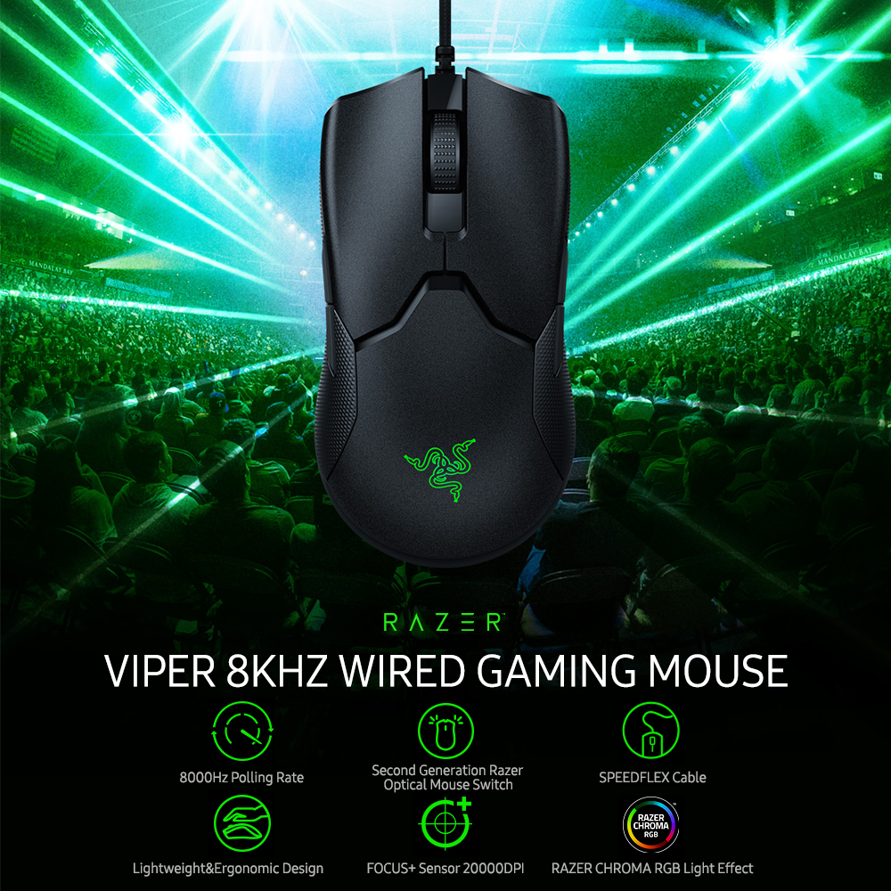 Razer Viper 8KHz Wired Gaming Mouse Lightweight Ergonomic Mouse with 8000Hz Polling Rate 20000DPI FOCUS+ Optical Sensor. 