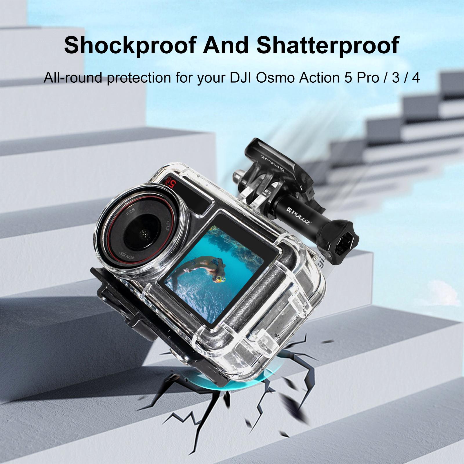 NEW- For DJI Osmo Action 5 Pro / 3 / 4 PULUZ 60m Underwater Waterproof Housing Diving Case with Cold Shoe & Buckle Basic Mount & Screw. 