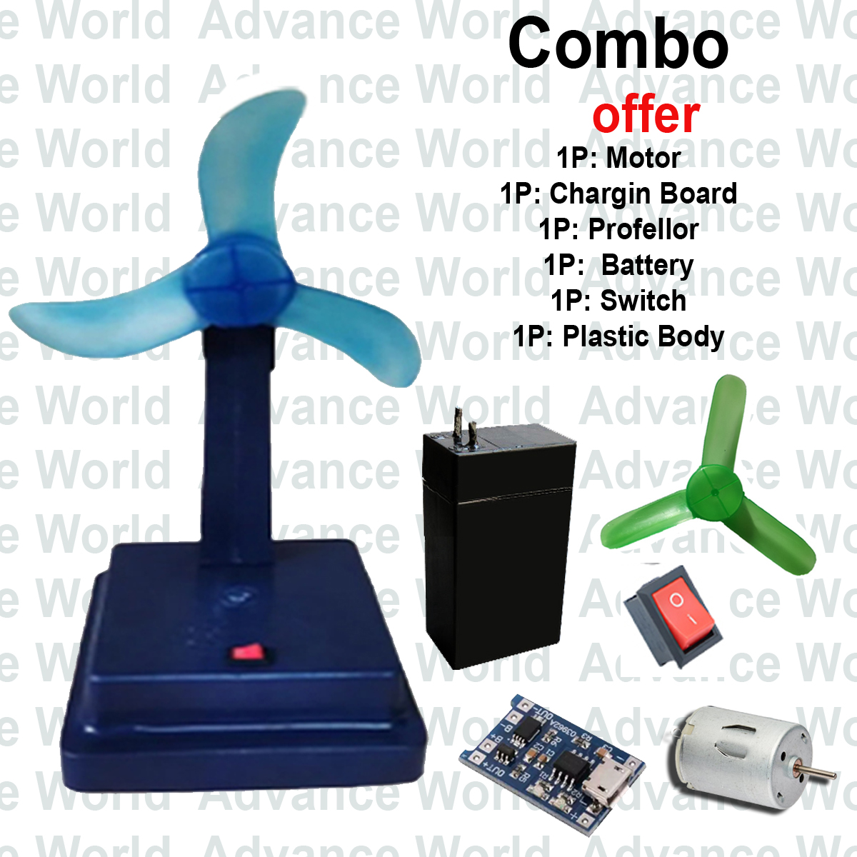 Rechargeable Fan Combo Pack - (3.7v DC Motor + Propeller Fan + TP4056 Charging Module + Casing Holder + Rocker Switch). 