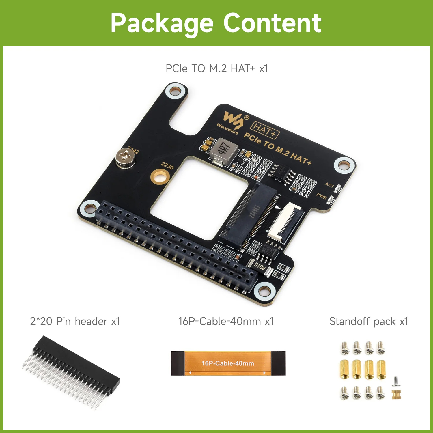 Waveshare PCIe To M.2 Adapter for Raspberry Pi 5, Supports NVMe Protocol M.2 Solid State Drive, Options for 128GB/256GB SSD. 
