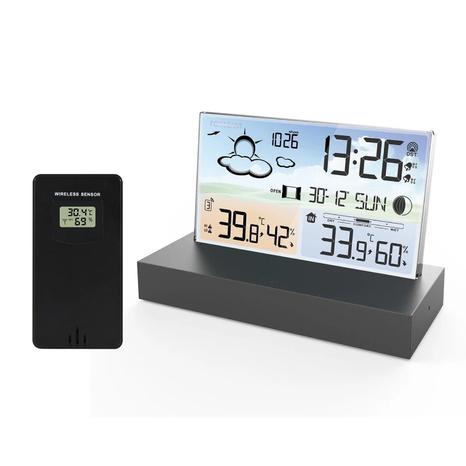 Transparent glass weather clock wireless Multifunctional weather forecast Electronic alarm clock black Outdoor sensors backlight. 