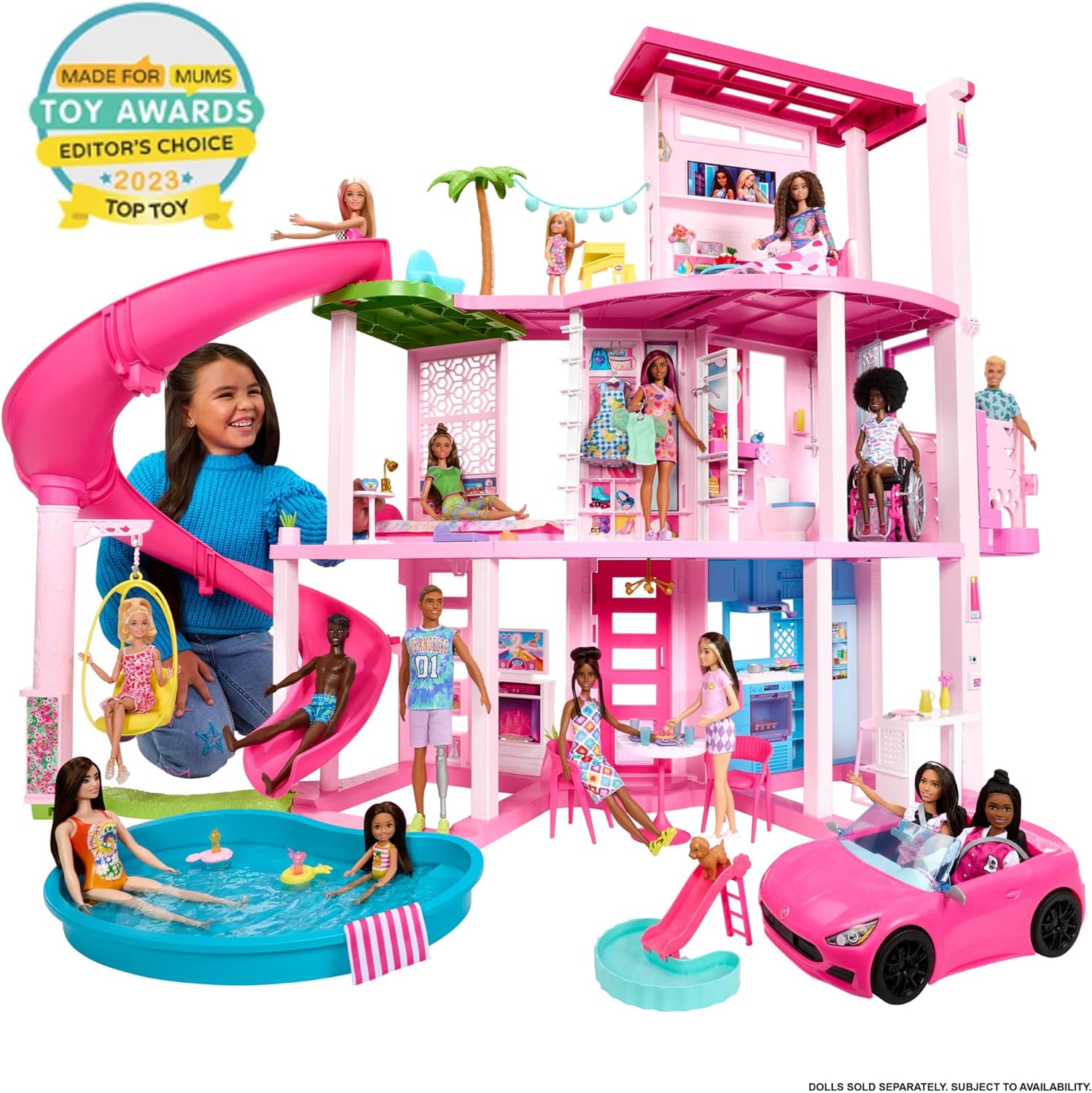 Barbie Dreamhouse, 3-Storey Barbie House with 10 Play Areas Including Pool, Slide, Elevator, 75 Doll Accessories, Toy Puppy, Adult Assembly Required, Toys for Ages 3 and Up, One Toy House, HMX10