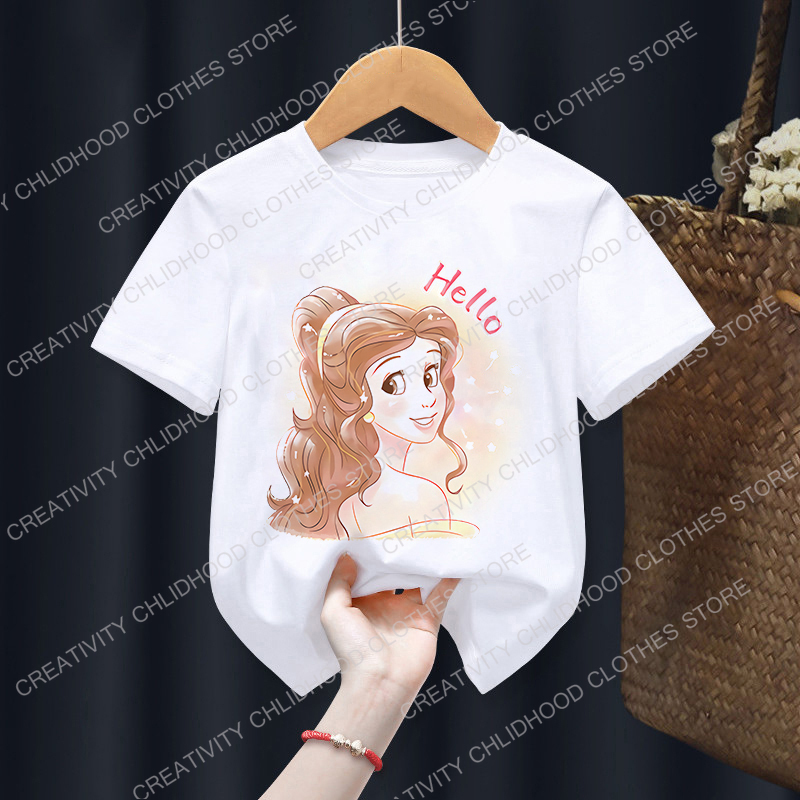 2022 Belle Children T-Shirt Disney Princess Anime T Shirt Clothes Cartoons Fairy Tales Kawaii Casual Top Kid Boy Girl Tee Shirts. 