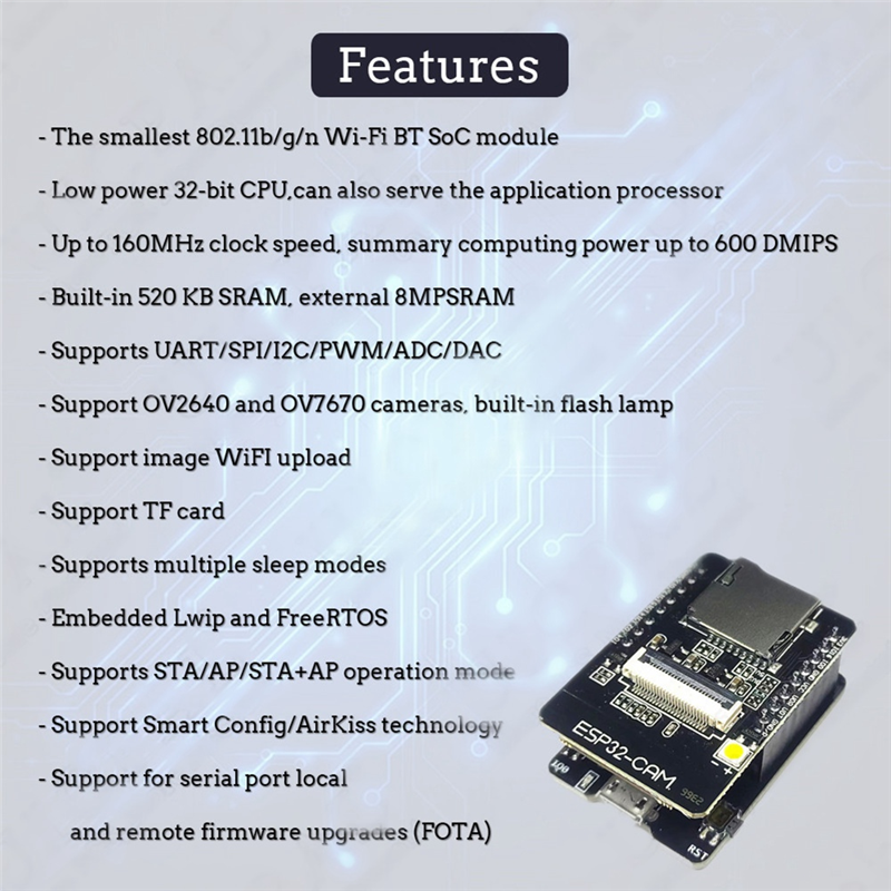 ESP32-CAM-MB WIFI Bluetooth Development Board with OV2640 Camera Micro-USB Connection to Serial. 