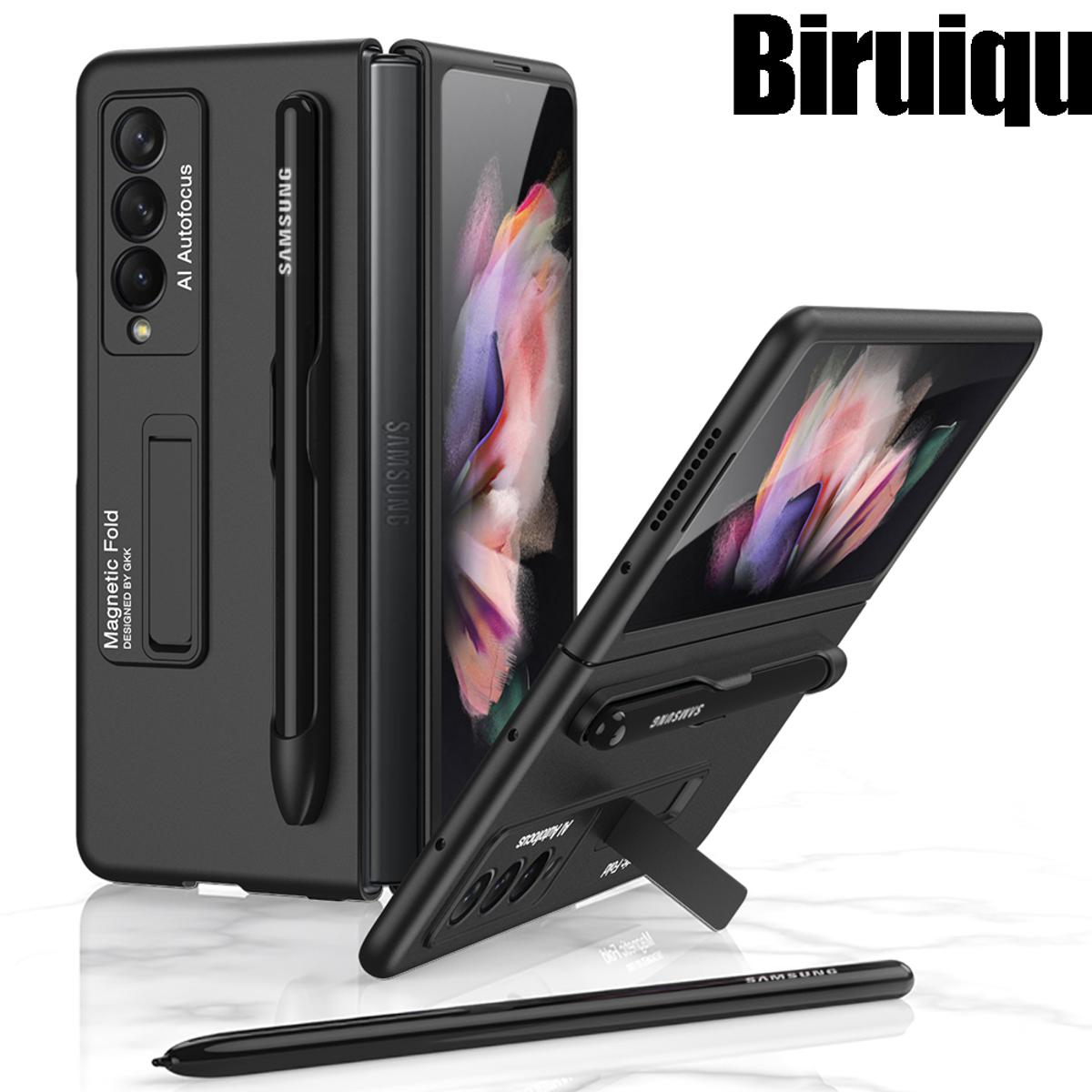 Biruiqu For Samsung Galaxy Z Fold 3 Case with S-Pen Pocket Protective Case with Built-in Magnetic Kickstand PC Shockproof Cover